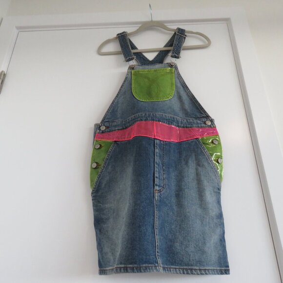 JEREMY SCOTT X MOSCHINO Neon Applique Denim Overall Dress Avant Garde Size US 6 - Picture 9 of 15